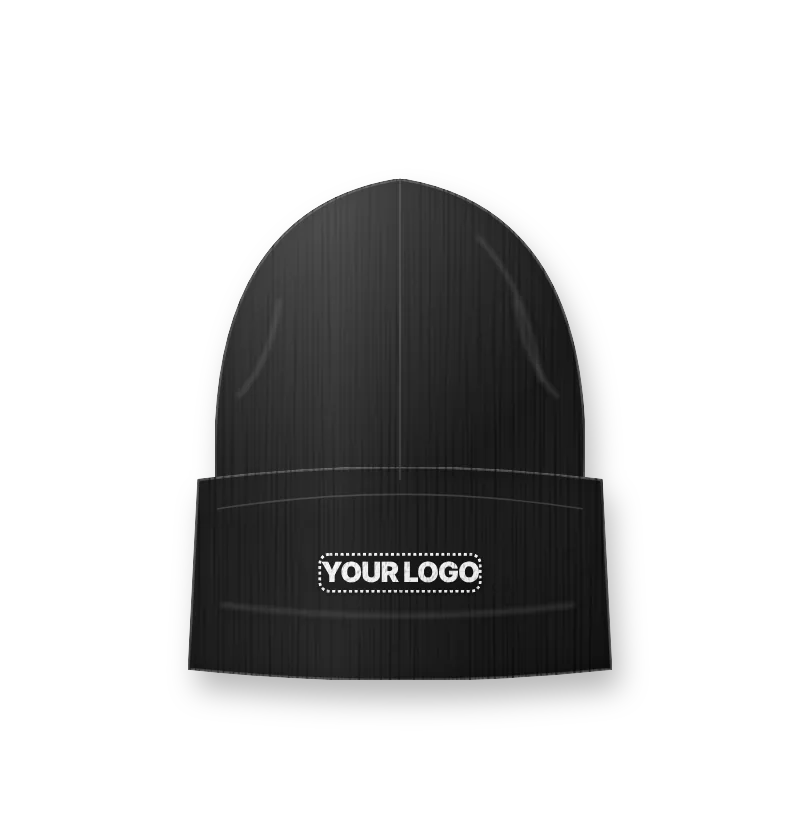 Black beanie with a woven patch on the cuff (design mockup)