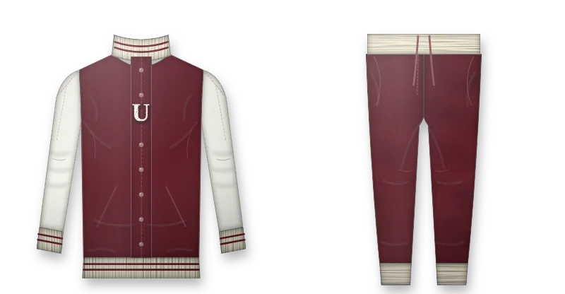 Maroon varsity jacket with cream sleeves and a white chenille letter (front view, design mockup)