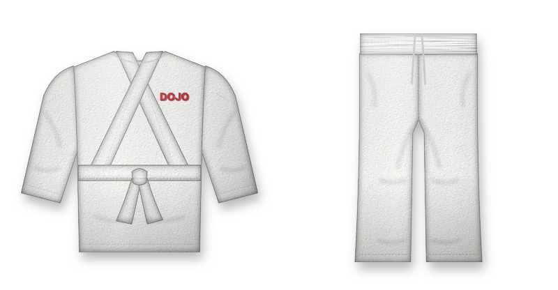 White karate uniform with black belt and embroidered dojo crest (front view, design mockup)