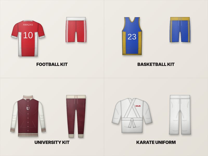 Custom uniform kits: football, basketball, university, school and karate